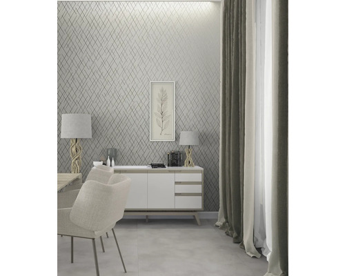 Salle à manger moderne avec commode, lampes et papier peint géométrique