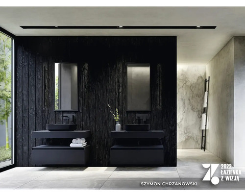 Badezimmer mit zwei Waschtischen, Spiegeln und dunkler Holzvertäfelung