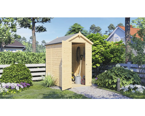 Holzgartenschuppen mit geöffneter Tür im Garten