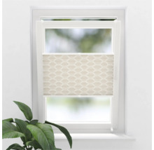 Fenster mit beigem Faltrollo und geometrischem Muster