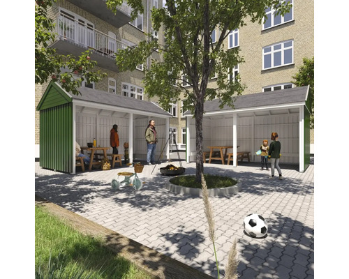 Szene mit Gartenpavillons, Sitzgelegenheiten, Spielplatz und Bewohnern in einem Wohngebiet.