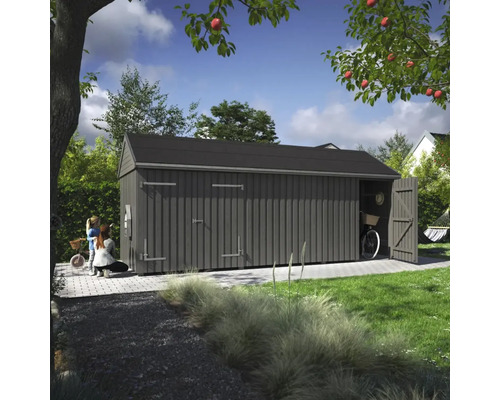 Abri de jardin en bois avec porte double dans un jardin