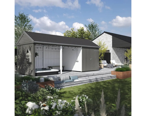 Scène de jardin avec maison en bois, terrasse avec coussins d''assise, mobilier de jardin et bain à remous