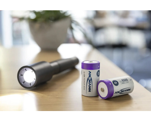 Logo Ansmann avec des piles Ansmann et une lampe de poche allumée