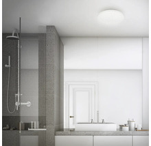 Helles Badezimmer mit Dusche, Waschbecken und Deckenleuchte