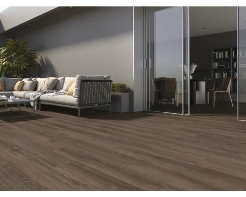 Terrasse avec sol en bois foncé, canapé et vue sur une pièce avec bibliothèque