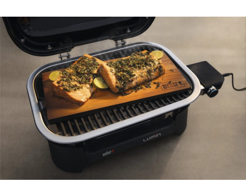 Barbecue électrique Weber Lumin avec saumon sur planche de bois