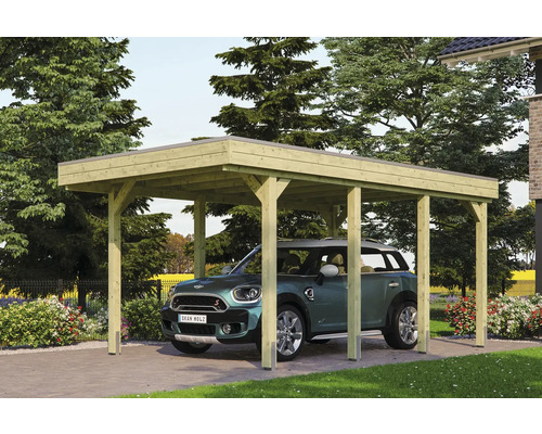 Carport aus Holz mit einem Auto darunter