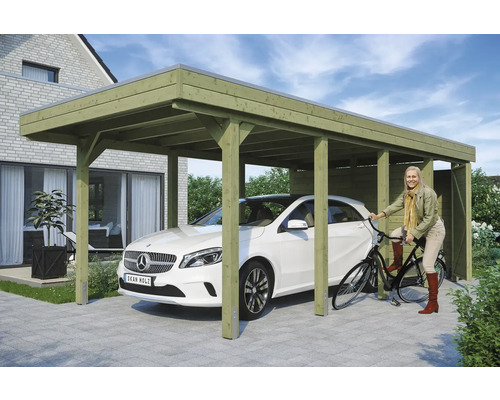 Abri de voiture en bois avec voiture et vélo