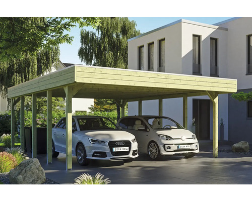 Abri de voiture en bois avec deux voitures garées