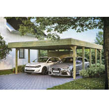 Double carport en bois avec deux voitures garées