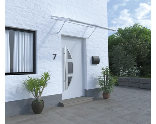 Espace d''entrée d''une maison avec un auvent de porte d''entrée, une boîte aux lettres et des bacs à plantes