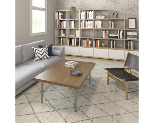 Wohnzimmer mit Sofa, Couchtisch, Bücherregal und Teppich