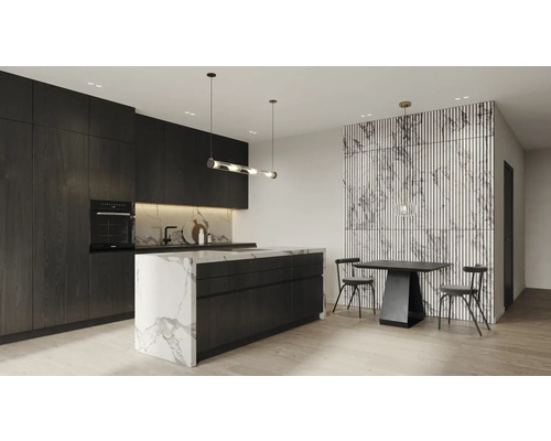 Cuisine moderne avec îlot de cuisine, table à manger et chaises