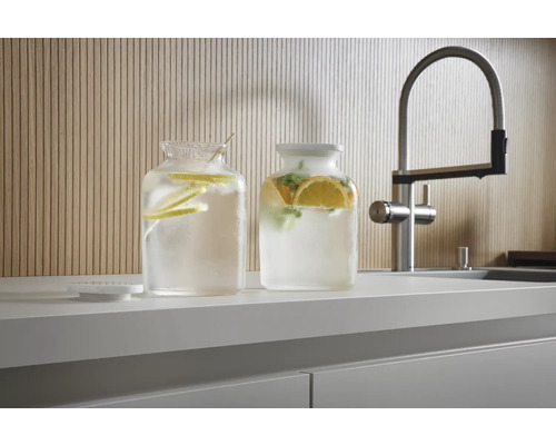 Deux récipients en verre contenant des agrumes et de la menthe à côté d''un robinet sur un comptoir de cuisine.