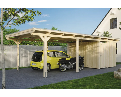 Carport pour un véhicule SKAN HOLZ Emsland 404x846 cm, avec espace de rangement et film EPDM