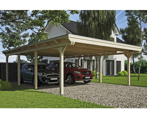 Carport pour deux véhicules SKAN HOLZ Emsland 613x846 cm, toit aluminium Abri de voiture en bois avec deux voitures garées