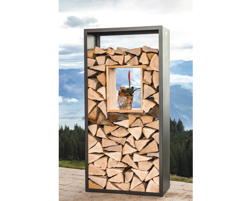 Étagère à bois de chauffage avec remplissage en bois et trou pour plante