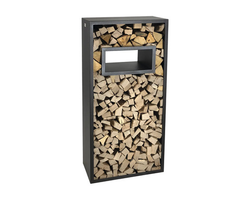 Étagère à bois de chauffage en acier avec remplissage en bois et un compartiment