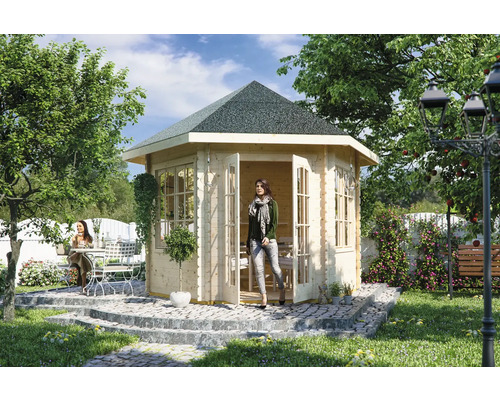 Blockbohlen-Pavillon SKAN HOLZ Madeira mit Fussboden und 2 Fenstern 420 x 373 cm natur