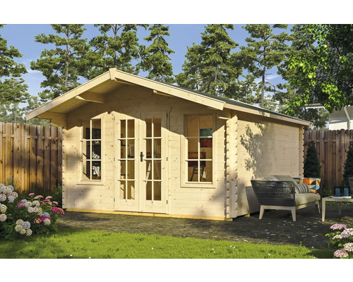 Abri en madriers SKAN HOLZ Trondheim 1 avec plancher 420 x 400 cm naturel Maison de jardin en bois avec double porte et fenêtres dans le jardin