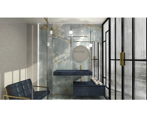 Modernes Badezimmer mit Waschbecken, Spiegel und Sitzgelegenheit