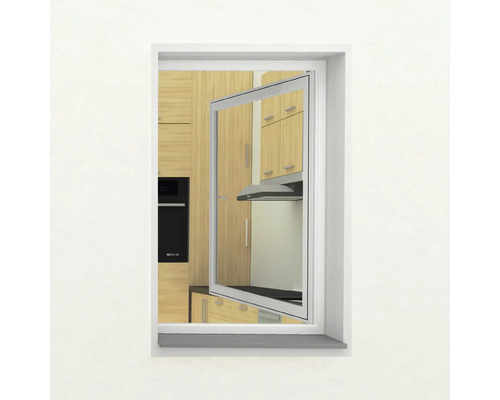 Fenster mit Insektenschutzgitter und Blick auf eine Küche