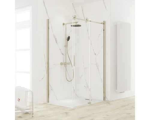 Duschkabine mit Duschkopf und Handbrause in einem hellen Badezimmer.