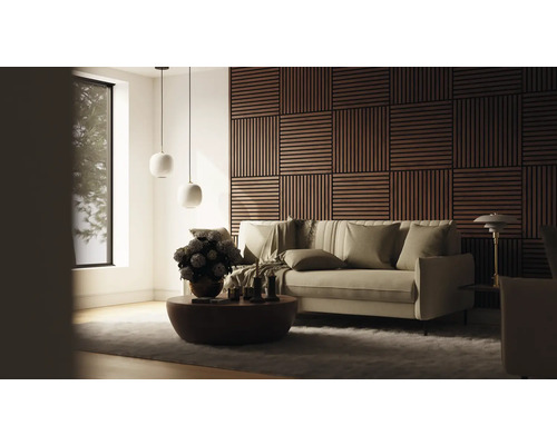 Salon avec canapé, table basse, suspensions et panneaux muraux aspect bois