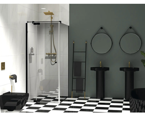 Porte de douche Jungborn avec paroi latérale SETTE porte pivotante avec partie fixe à gauche et paroi latérale à droite 75 x 90 cm couleur de profilé noir verre transparent avec revêtement résistant à la saleté et poignée