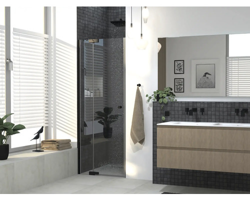 Porte de douche Jungborn dans une niche SETTE porte pivotante avec partie fixe à gauche 90 cm couleur de profilé noir verre transparent avec revêtement résistant à la saleté et poignée