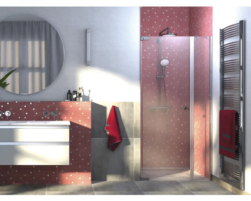 Badezimmer mit Dusche, Waschbecken und Heizkörper