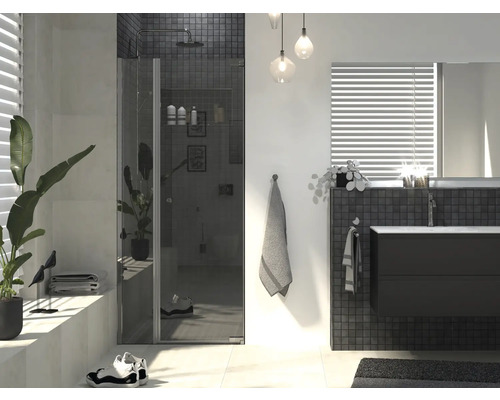 Porte de douche Jungborn dans une niche SETTE porte pivotante sur partie fixe tirant droite 90 cm couleur de profilé chrome verre transparent avec revêtement résistant à la saleté et poignée