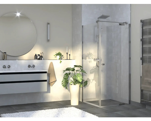 Porte de douche Jungborn avec paroi latérale SETTE porte pivotante avec partie fixe à droite et paroi latérale à gauche 80 x 75 cm couleur de profilé chrome verre transparent avec revêtement résistant à la saleté avec poignée