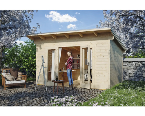 Chalet de jardin en madriers SKAN HOLZ She Shed Ostende avec plancher 390 x 310 cm naturel