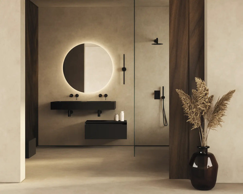 Modernes Badezimmer mit runden Spiegel, Waschbeckenunterschrank und Dusche