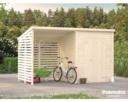 Gartenhaus Palmako Leif 3,0+2,9m² inkl. Fußboden 377 x 187 cm tauchgrundiert Gartenhaus aus Holz mit Schiebetür und offenem Lagerraum für Gartengeräte und Fahrräder.