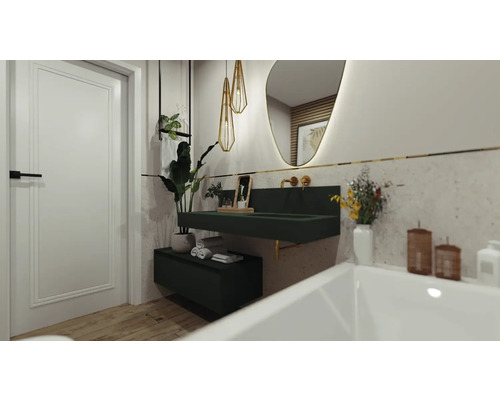 Modernes Badezimmer mit grünem Waschtisch, Spiegel und Pflanzen