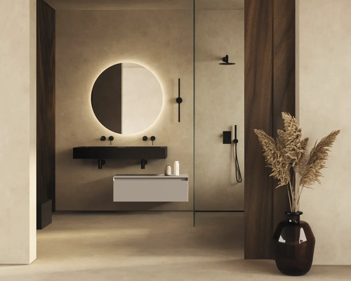 Badezimmer mit Waschtisch, Spiegel mit Beleuchtung und Dusche