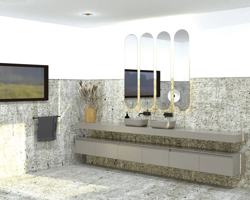 Salle de bain avec lavabos, miroirs, porte-serviettes et décoration