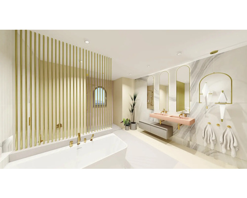 Salle de bain lumineuse avec baignoire, lavabo, miroirs et accents dorés