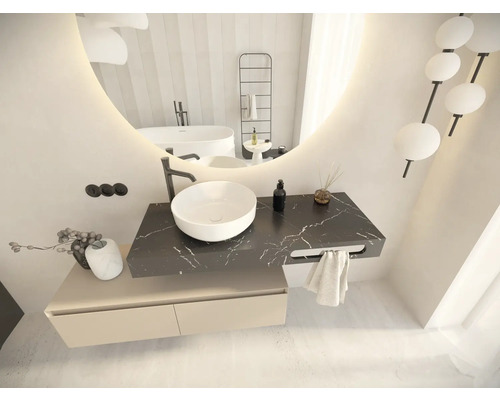 Salle de bain moderne avec miroir rond, vasque à poser, meuble sous-lavabo et baignoire