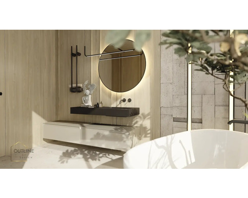 Salle de bain avec miroir rond, meuble sous-lavabo et baignoire