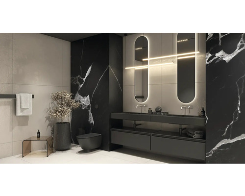 Salle de bains moderne avec mur en marbre noir, meuble-lavabo avec deux lavabos, miroirs et toilettes.