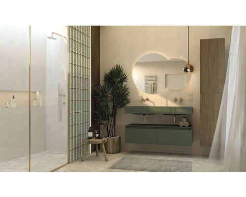 Salle de bains lumineuse avec douche, lavabo et miroir