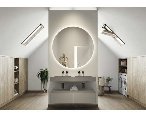 Modernes Badezimmer im Dachgeschoss mit runden Spiegeln, Waschtisch, Aufbewahrungsschränken und Waschmaschine