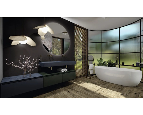 Salle de bains lumineuse avec baignoire îlot, meuble-lavabo et grand miroir