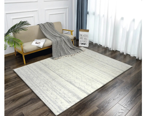 Salon avec canapé, coussin décoratif et tapis à motifs sur parquet.