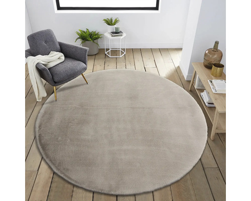 Tapis rond sur parquet dans un salon avec fauteuil, table et étagère.