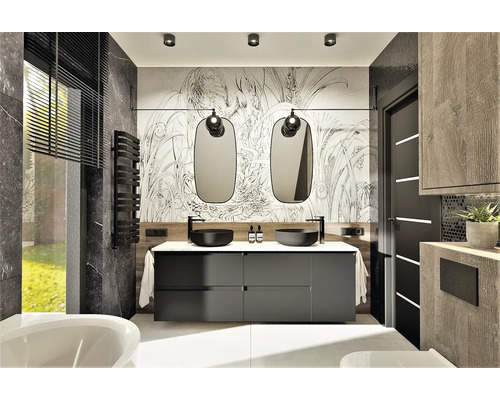 Salle de bain moderne avec double vasque, miroirs et papier peint graphique